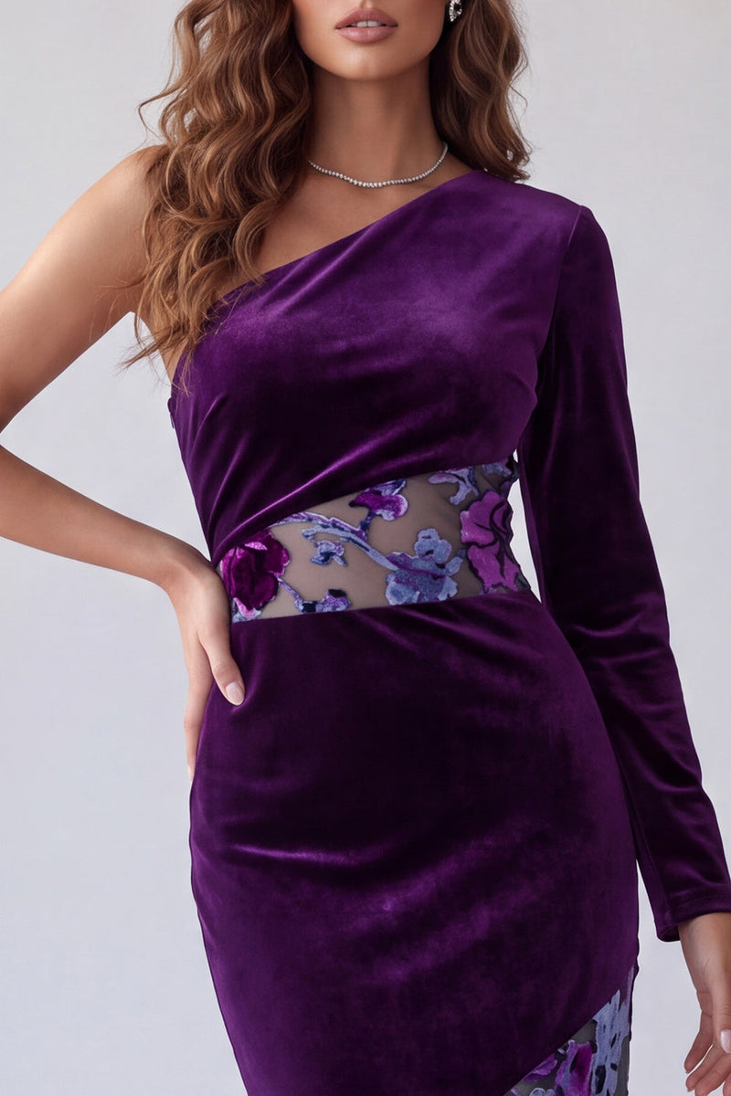 Laden Sie das Bild in den Galerie-Viewer, Pflaumensamt-Einschulter-Scheide Lange Abendkleid mit Blume