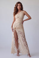 Laden Sie das Bild in den Galerie-Viewer, Elfenbeinfarbenes langes Abendkleid mit einer ein-Schulter-Scheide und seitlichem Schlitz