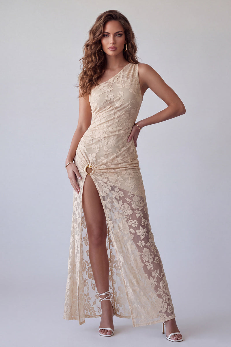 Laden Sie das Bild in den Galerie-Viewer, Elfenbeinfarbenes langes Abendkleid mit einer ein-Schulter-Scheide und seitlichem Schlitz