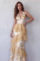 Laden Sie das Bild in den Galerie-Viewer, Halter-Champagner-A-Linie, gestuftes langes Festliches Kleid mit Rüschen