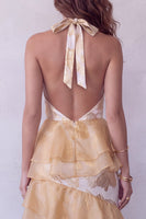 Laden Sie das Bild in den Galerie-Viewer, Halter-Champagner-A-Linie, gestuftes langes Festliches Kleid mit Rüschen