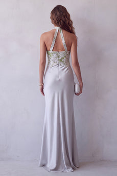 Haltergraue Satin Blumen Scheide Lange Festliche Kleidung