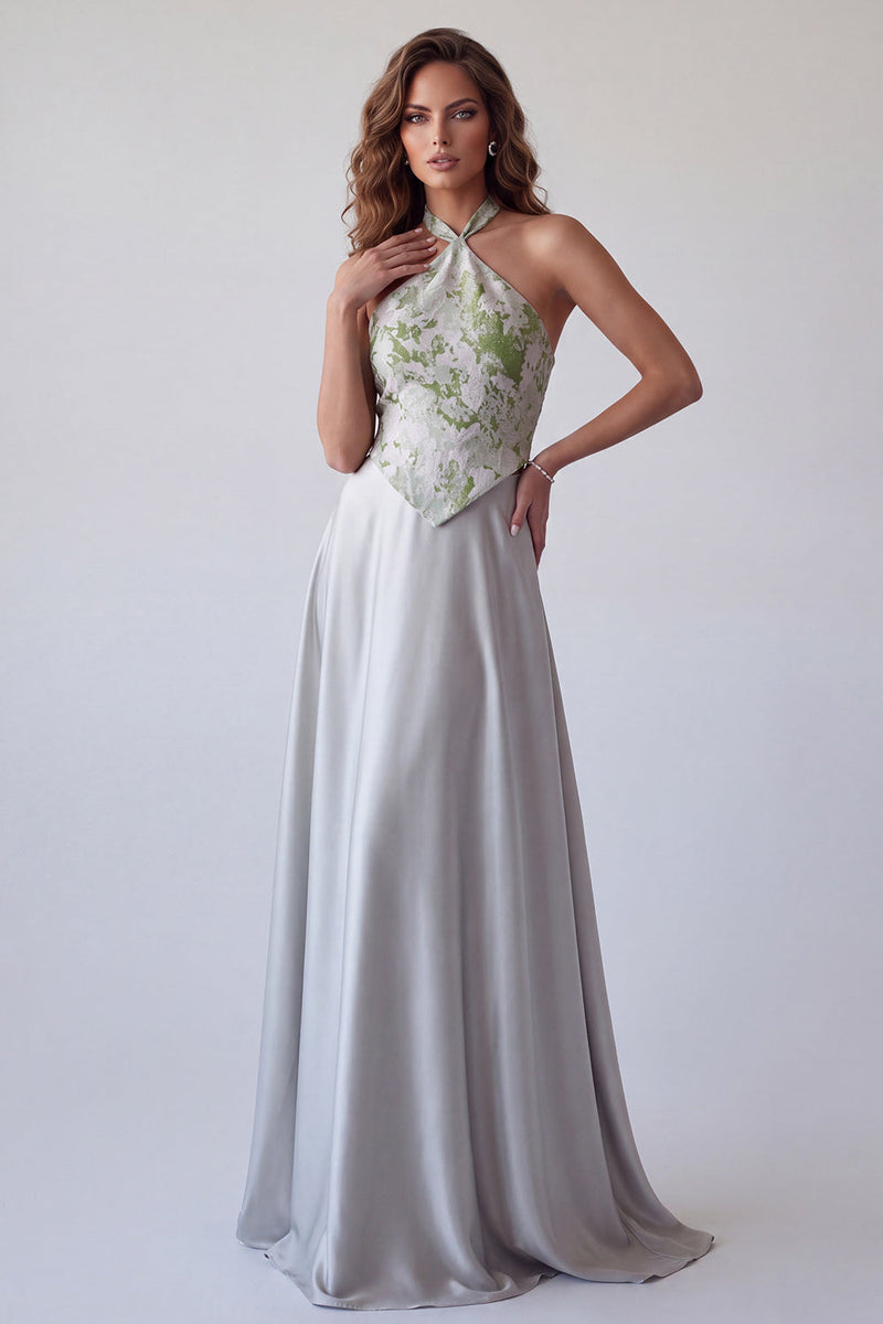 Laden Sie das Bild in den Galerie-Viewer, Graues, geblümtes Satin A-Line-Halter, langes Festkleid