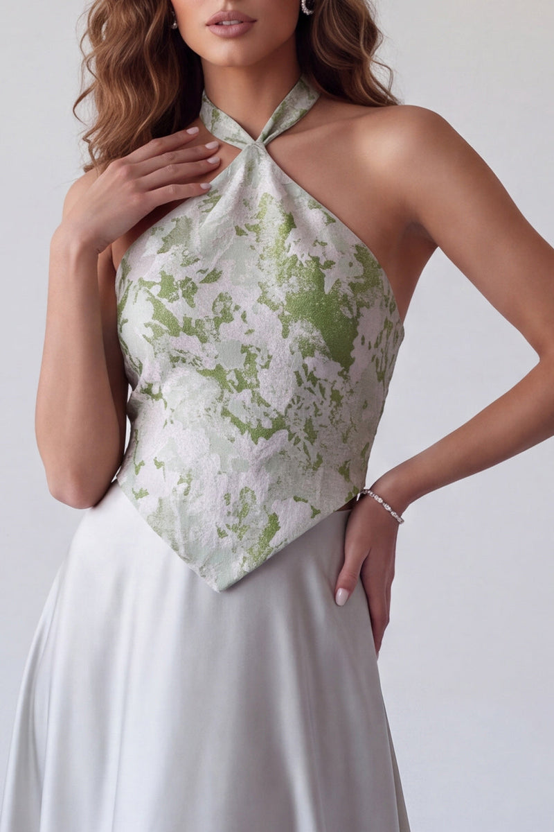 Laden Sie das Bild in den Galerie-Viewer, Graues, geblümtes Satin A-Line-Halter, langes Festkleid