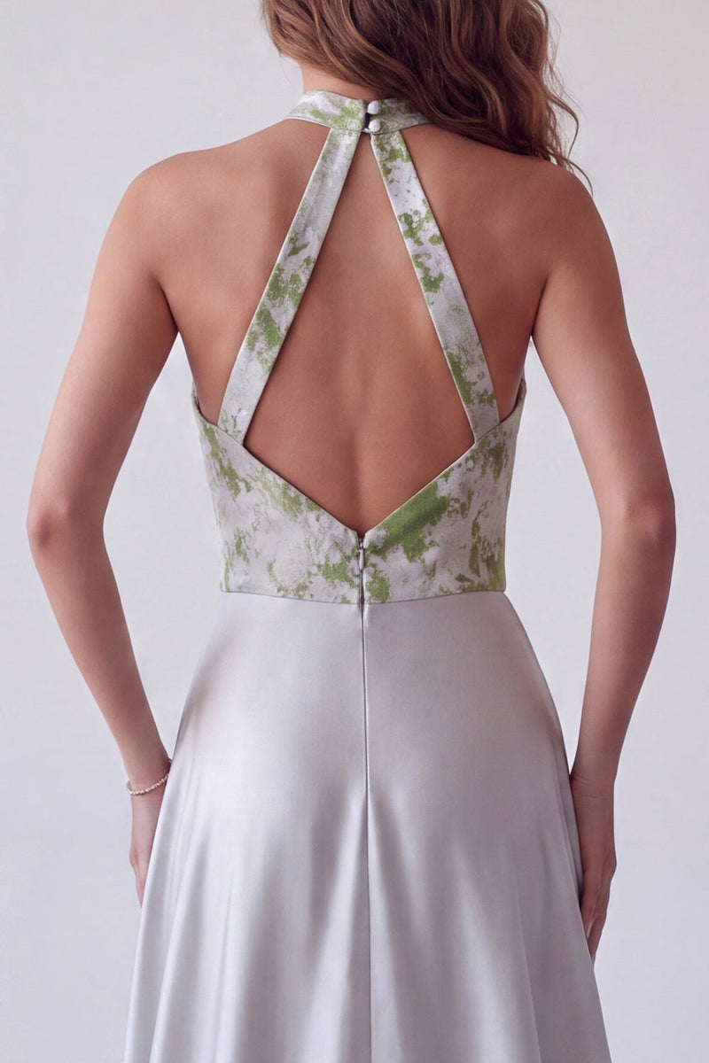 Laden Sie das Bild in den Galerie-Viewer, Graues, geblümtes Satin A-Line-Halter, langes Festkleid