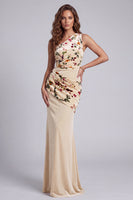 Laden Sie das Bild in den Galerie-Viewer, Einschulter-Champagnersamt-Scheed, gerafftes langes Festkleid mit Blume