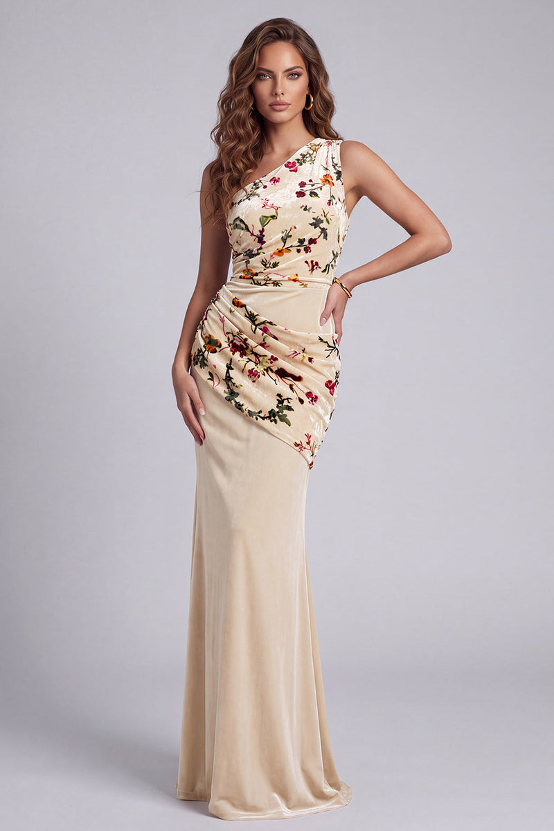 Laden Sie das Bild in den Galerie-Viewer, Einschulter-Champagnersamt-Scheed, gerafftes langes Festkleid mit Blume