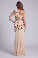 Laden Sie das Bild in den Galerie-Viewer, Einschulter-Champagnersamt-Scheed, gerafftes langes Festkleid mit Blume