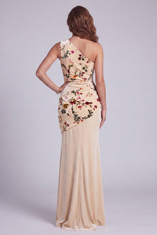 Einschulter Champagner Samt Gerafftes Langes Festkleid mit Blume