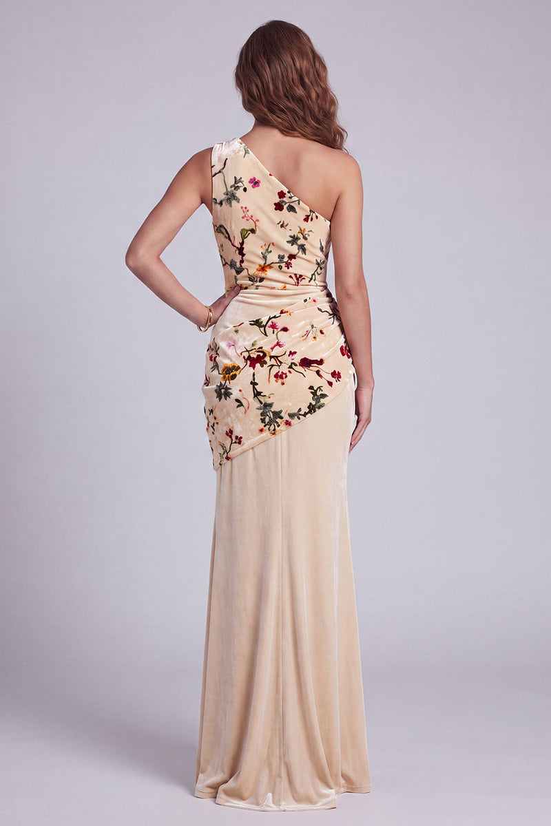 Laden Sie das Bild in den Galerie-Viewer, Einschulter-Champagnersamt-Scheed, gerafftes langes Festkleid mit Blume