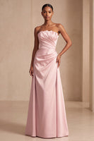 Laden Sie das Bild in den Galerie-Viewer, Trägerloses, rosa Satin-A-Linie, gerafftes langes Festkleid