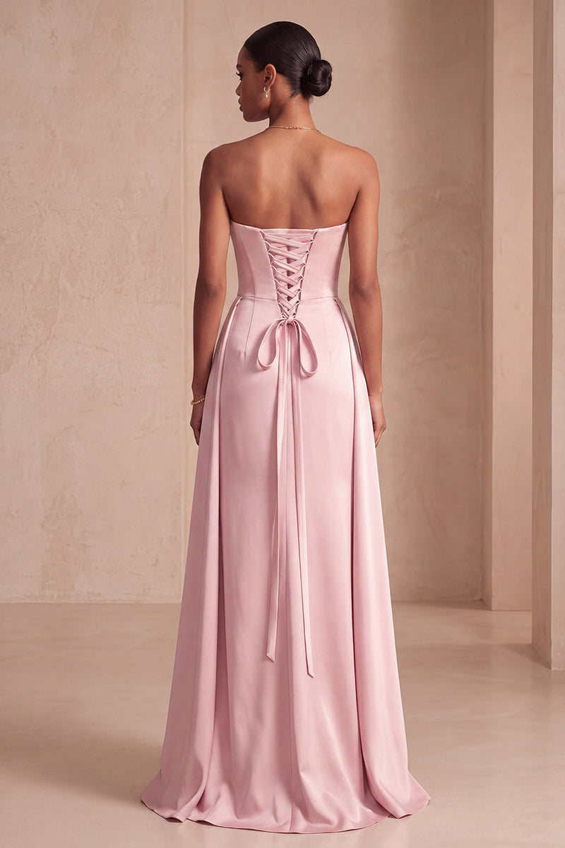 Laden Sie das Bild in den Galerie-Viewer, Trägerloses, rosa Satin-A-Linie, gerafftes langes Festkleid