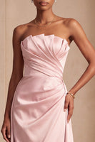 Laden Sie das Bild in den Galerie-Viewer, Trägerloses, rosa Satin-A-Linie, gerafftes langes Festkleid