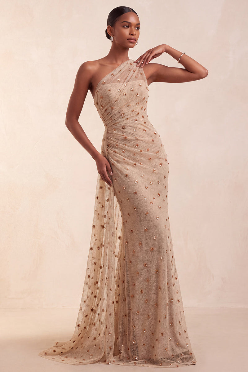 Laden Sie das Bild in den Galerie-Viewer, Khaki-Einschulter-Scheide mit Pailletten, gerafftes langes Festkleid mit Sweep-Schleppe