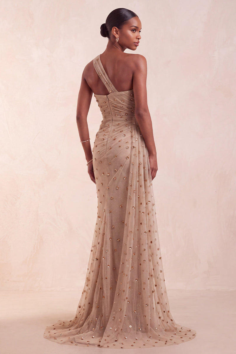 Laden Sie das Bild in den Galerie-Viewer, Khaki-Einschulter-Scheide mit Pailletten, gerafftes langes Festkleid mit Sweep-Schleppe