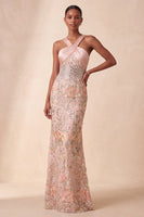 Laden Sie das Bild in den Galerie-Viewer, Halter-Rouge-Scheiden-Pailletten – Rheinstein-Blumen-Langformes Kleid mit Stickerei
