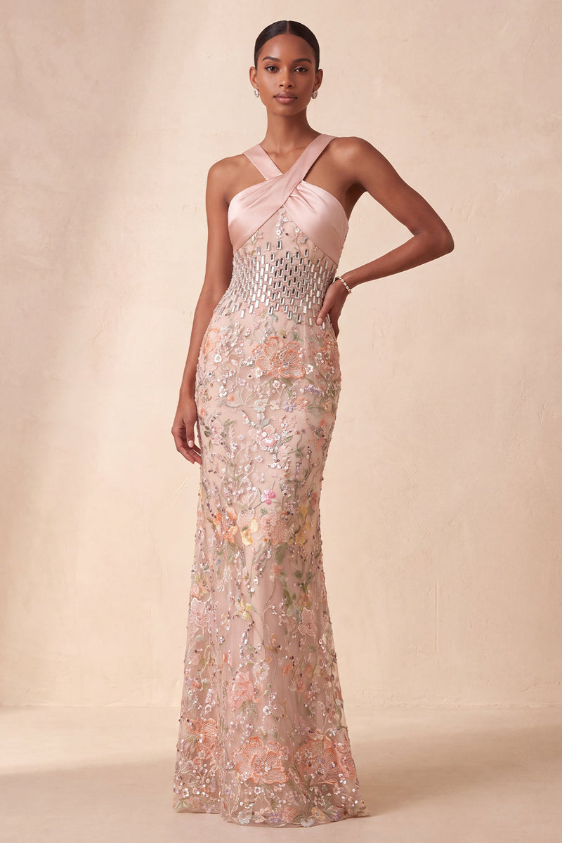 Laden Sie das Bild in den Galerie-Viewer, Halter-Rouge-Scheiden-Pailletten – Rheinstein-Blumen-Langformes Kleid mit Stickerei