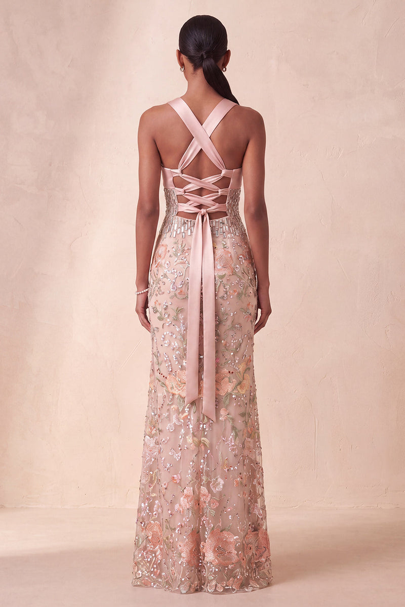 Laden Sie das Bild in den Galerie-Viewer, Halter-Rouge-Scheiden-Pailletten – Rheinstein-Blumen-Langformes Kleid mit Stickerei