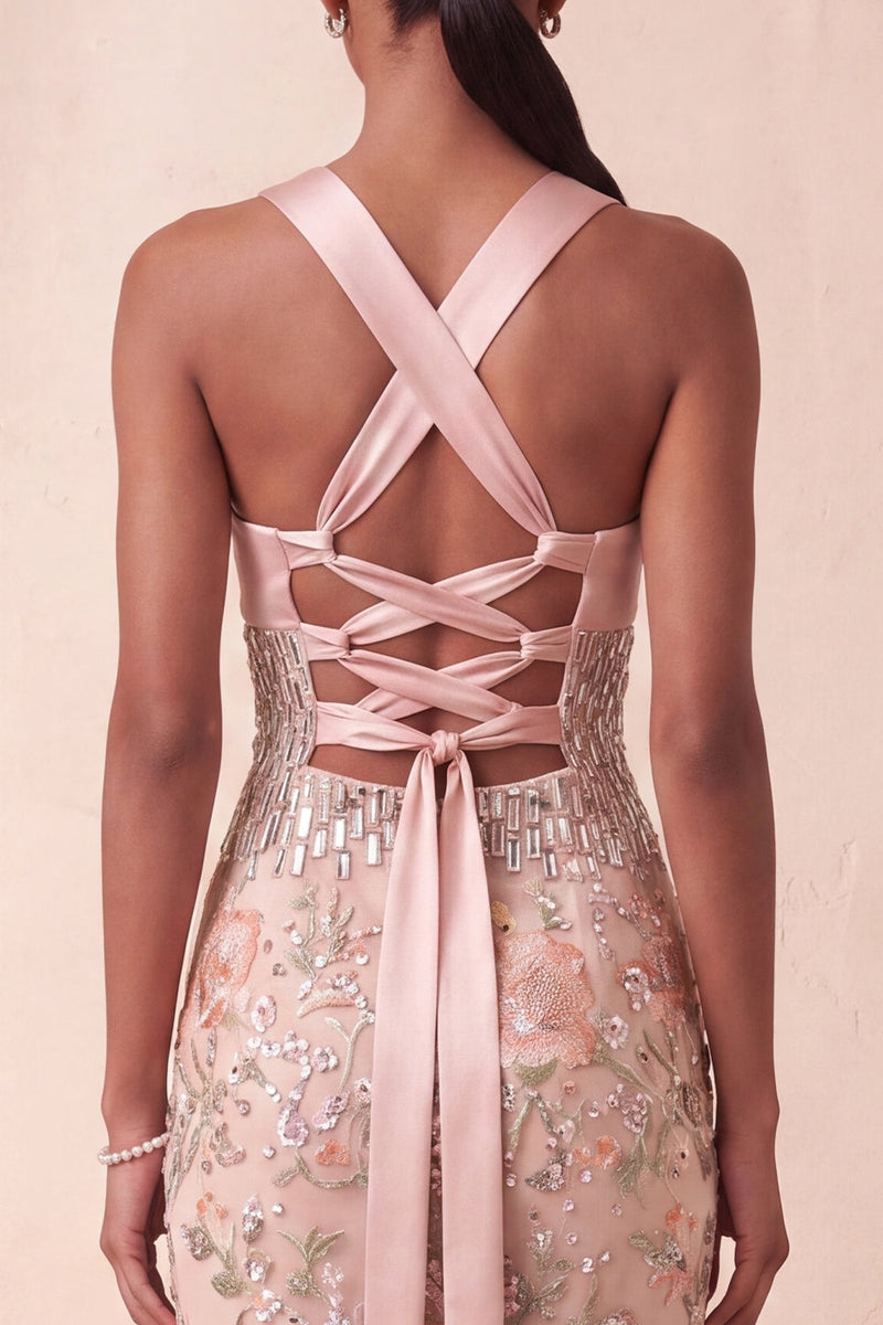Laden Sie das Bild in den Galerie-Viewer, Halter-Rouge-Scheiden-Pailletten – Rheinstein-Blumen-Langformes Kleid mit Stickerei
