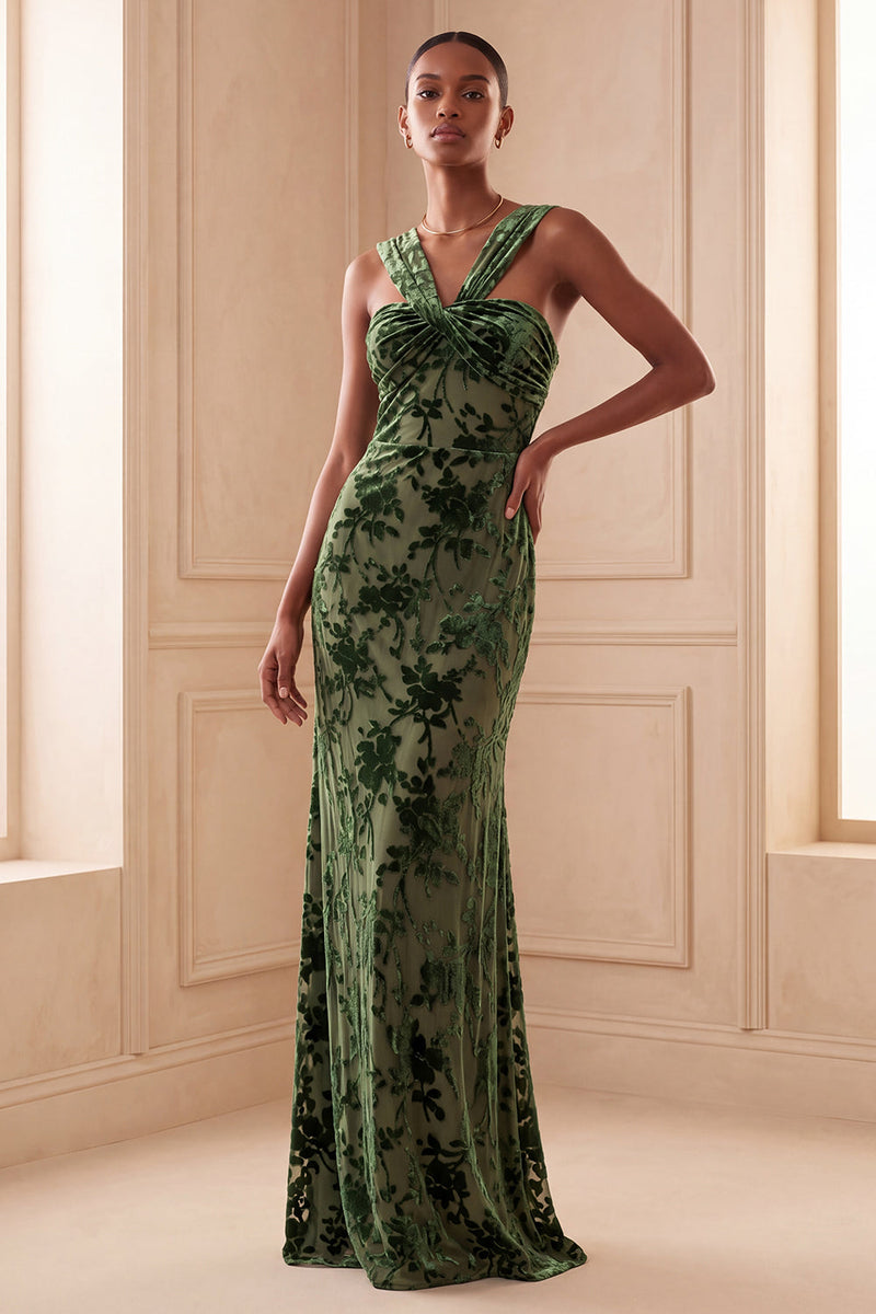 Laden Sie das Bild in den Galerie-Viewer, Eukalyptus-Scheide mit gerafftem Blumen, langem Festkleid