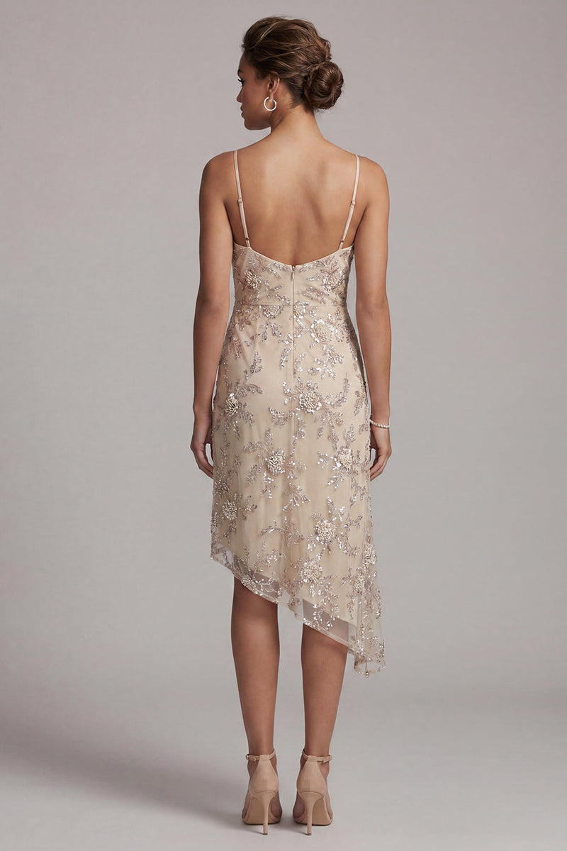 Laden Sie das Bild in den Galerie-Viewer, Champagner Scheide Asymmetrische Permutt Brautmutter Kleid mit Pailletten