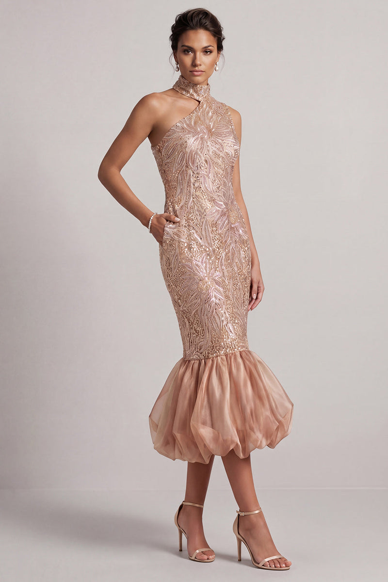 Laden Sie das Bild in den Galerie-Viewer, Blush Meerjungfrauen Taschen Bubble-Saum Midi Mutter der Braut Kleid mit Pailletten