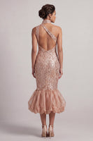 Laden Sie das Bild in den Galerie-Viewer, Blush Meerjungfrauen Taschen Bubble-Saum Midi Mutter der Braut Kleid mit Pailletten
