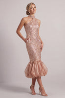 Laden Sie das Bild in den Galerie-Viewer, Blush Meerjungfrauen Taschen Bubble-Saum Midi Mutter der Braut Kleid mit Pailletten