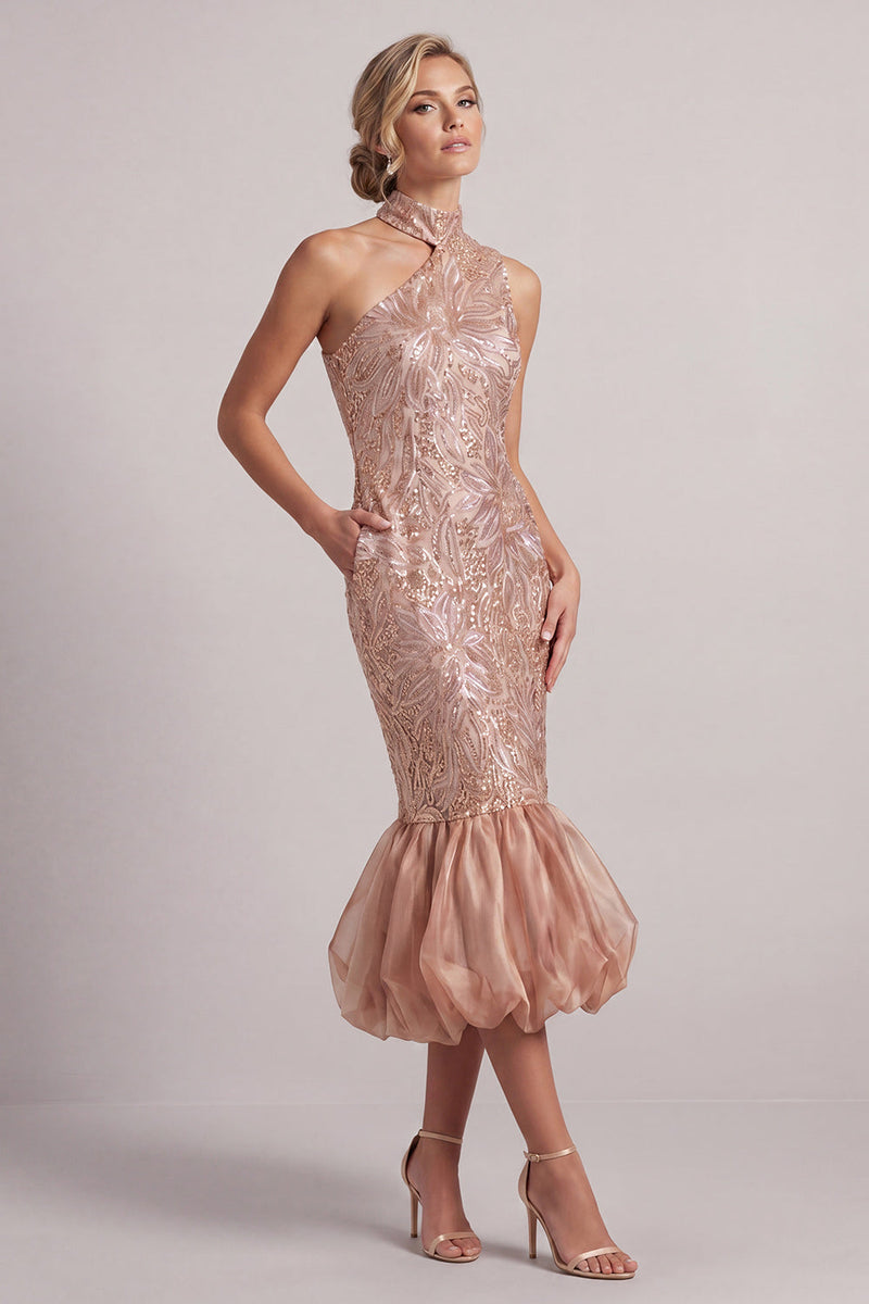 Laden Sie das Bild in den Galerie-Viewer, Blush Meerjungfrauen Taschen Bubble-Saum Midi Mutter der Braut Kleid mit Pailletten