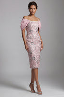 Laden Sie das Bild in den Galerie-Viewer, Hellrosa Scheide Von der Schulter Perlen Midi Mutter der Braut Kleid