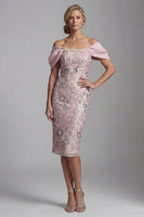 Laden Sie das Bild in den Galerie-Viewer, Hellrosa Scheide Von der Schulter Perlen Midi Mutter der Braut Kleid