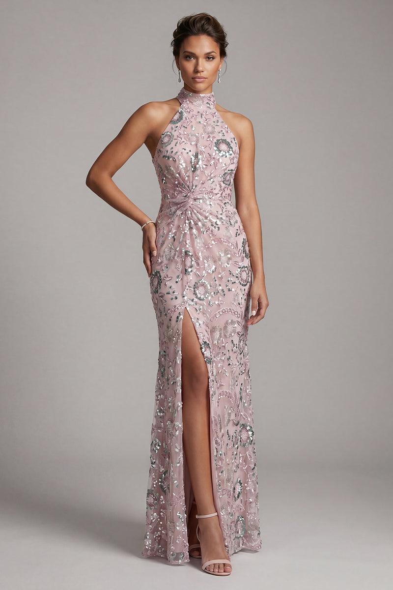 Laden Sie das Bild in den Galerie-Viewer, Hellrosa Halter Pailletten Langes Mutter der Braut Kleid mit seitlichem Schlitz