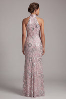 Laden Sie das Bild in den Galerie-Viewer, Hellrosa Halter Pailletten Langes Mutter der Braut Kleid mit seitlichem Schlitz