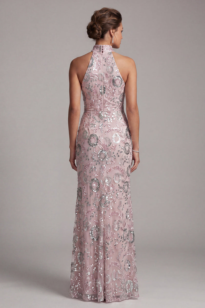 Laden Sie das Bild in den Galerie-Viewer, Hellrosa Halter Pailletten Langes Mutter der Braut Kleid mit seitlichem Schlitz