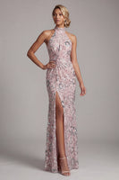 Laden Sie das Bild in den Galerie-Viewer, Hellrosa Halter Pailletten Langes Mutter der Braut Kleid mit seitlichem Schlitz