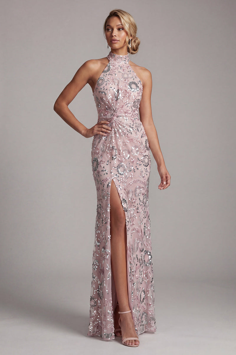 Laden Sie das Bild in den Galerie-Viewer, Hellrosa Halter Pailletten Langes Mutter der Braut Kleid mit seitlichem Schlitz