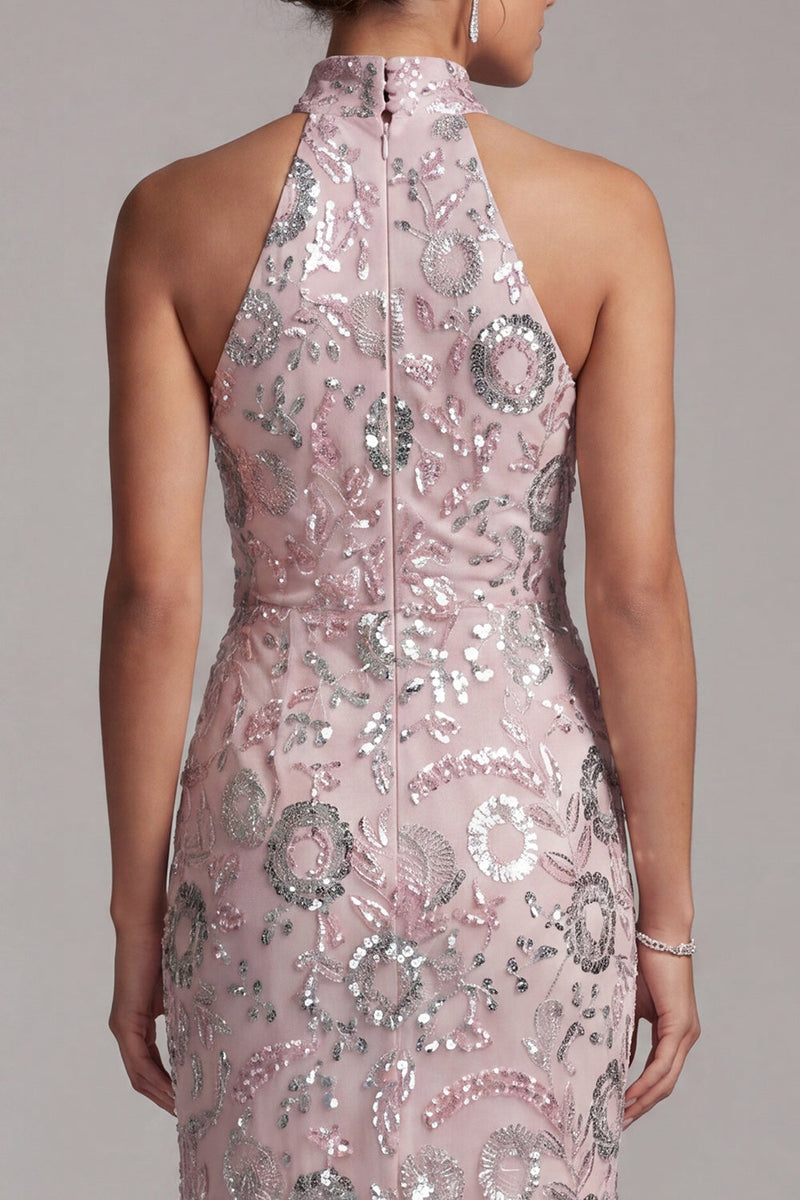 Laden Sie das Bild in den Galerie-Viewer, Hellrosa Halter Pailletten Langes Mutter der Braut Kleid mit seitlichem Schlitz