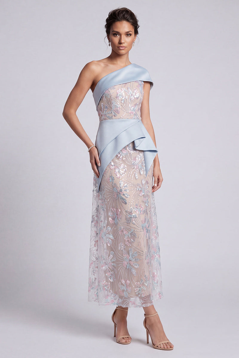 Laden Sie das Bild in den Galerie-Viewer, Hellblaues Scheide Eine Schulter Pailletten Maxi Mutter der Braut Kleid mit Drapieren