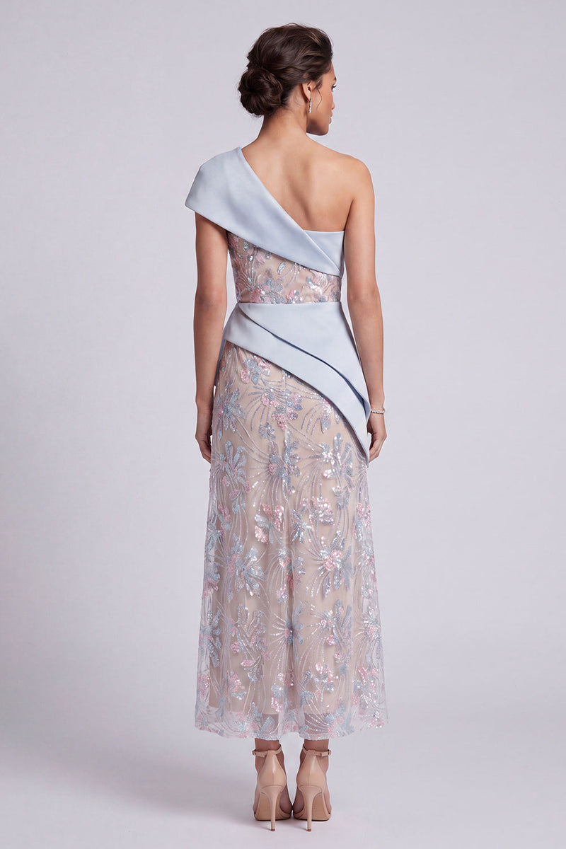 Laden Sie das Bild in den Galerie-Viewer, Hellblaues Scheide Eine Schulter Pailletten Maxi Mutter der Braut Kleid mit Drapieren