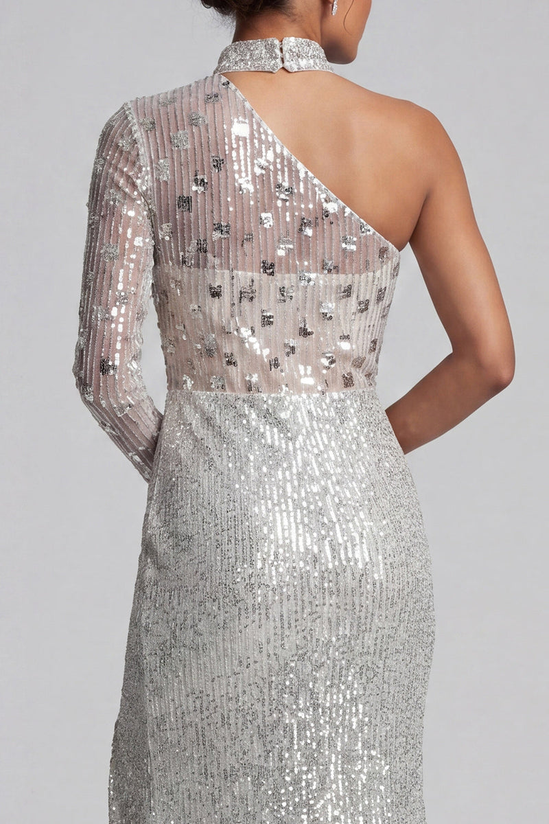 Laden Sie das Bild in den Galerie-Viewer, Graue Scheide Einschulterige Pailletten Maxi Mutter der Braut Kleid mit Seitenschlitz
