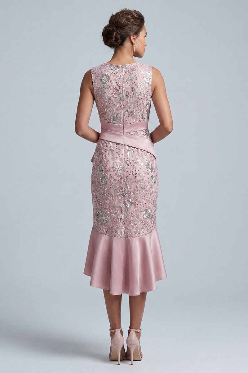 Laden Sie das Bild in den Galerie-Viewer, Hellrosa Hülle Rundhals Midi Mutter der Braut Kleid mit Pailletten