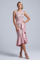 Laden Sie das Bild in den Galerie-Viewer, Hellrosa Hülle Rundhals Midi Mutter der Braut Kleid mit Pailletten