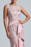 Laden Sie das Bild in den Galerie-Viewer, Hellrosa Hülle Rundhals Midi Mutter der Braut Kleid mit Pailletten