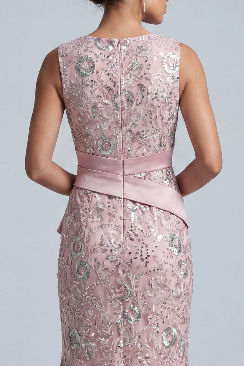 Laden Sie das Bild in den Galerie-Viewer, Hellrosa Hülle Rundhals Midi Mutter der Braut Kleid mit Pailletten