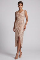 Laden Sie das Bild in den Galerie-Viewer, Champagner Hülle Gerafftes Midi Mutter der Braut Kleid mit seitlichem Schlitz