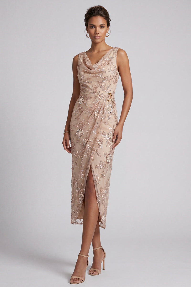 Laden Sie das Bild in den Galerie-Viewer, Champagner Hülle Gerafftes Midi Mutter der Braut Kleid mit seitlichem Schlitz