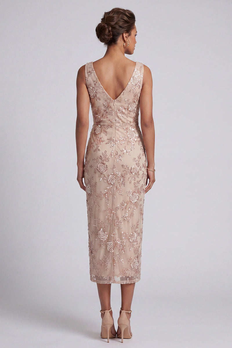 Laden Sie das Bild in den Galerie-Viewer, Champagner Hülle Gerafftes Midi Mutter der Braut Kleid mit seitlichem Schlitz