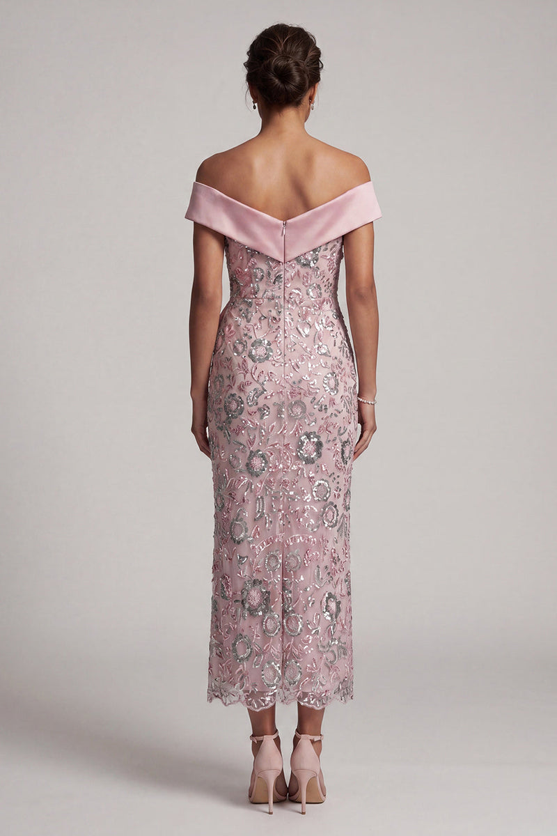 Laden Sie das Bild in den Galerie-Viewer, Hellrosa Schulter Scheide Pailletten Teelanges Mutter der Braut Kleid mit Drapierung