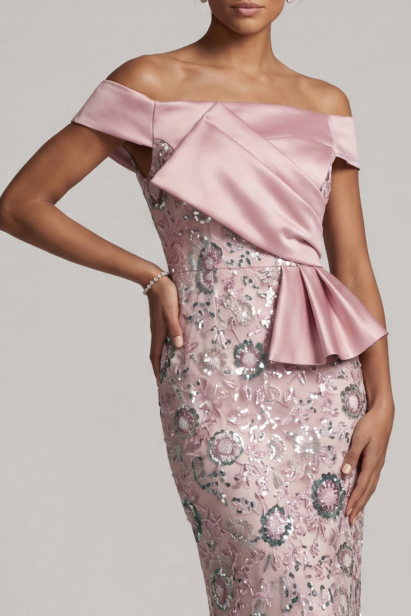 Laden Sie das Bild in den Galerie-Viewer, Hellrosa Schulter Scheide Pailletten Teelanges Mutter der Braut Kleid mit Drapierung