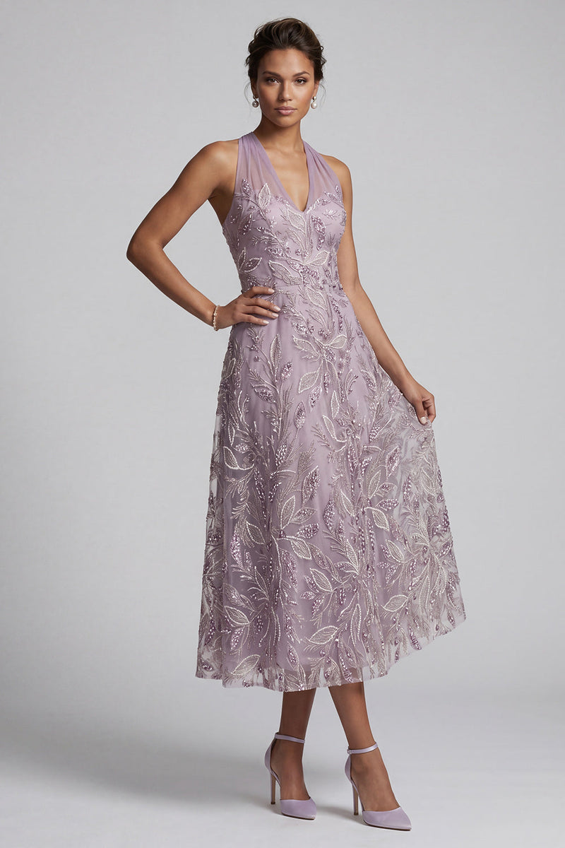 Laden Sie das Bild in den Galerie-Viewer, Flieder A-Linie Halter Besticktes Midi Mutter der Braut Kleid